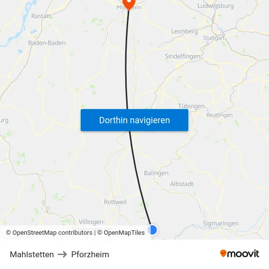 Mahlstetten to Pforzheim map