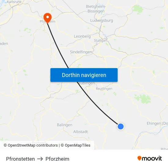 Pfronstetten to Pforzheim map