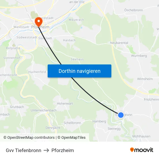 Gvv Tiefenbronn to Pforzheim map