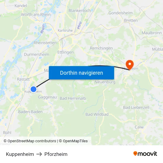 Kuppenheim to Pforzheim map