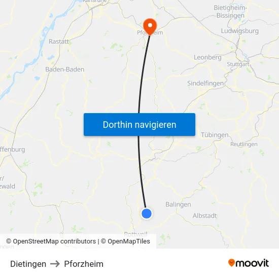 Dietingen to Pforzheim map