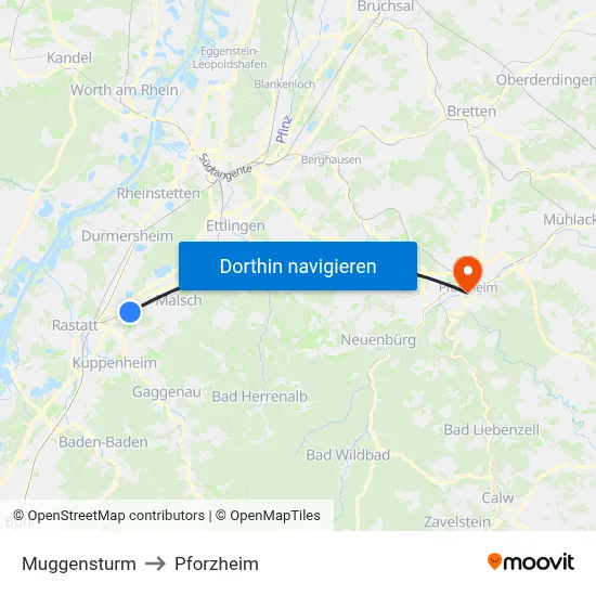 Muggensturm to Pforzheim map