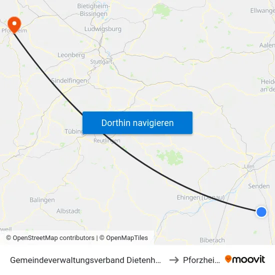 Gemeindeverwaltungsverband Dietenheim to Pforzheim map