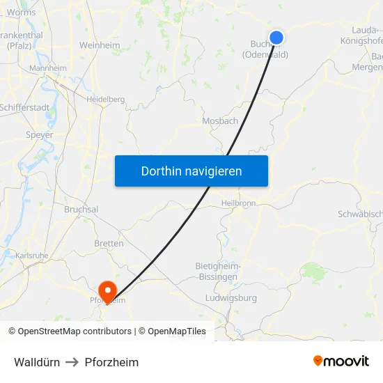 Walldürn to Pforzheim map