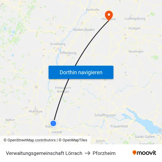 Verwaltungsgemeinschaft Lörrach to Pforzheim map