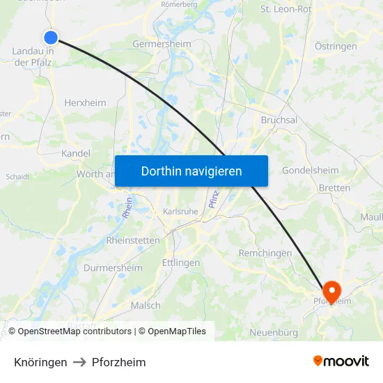Knöringen to Pforzheim map