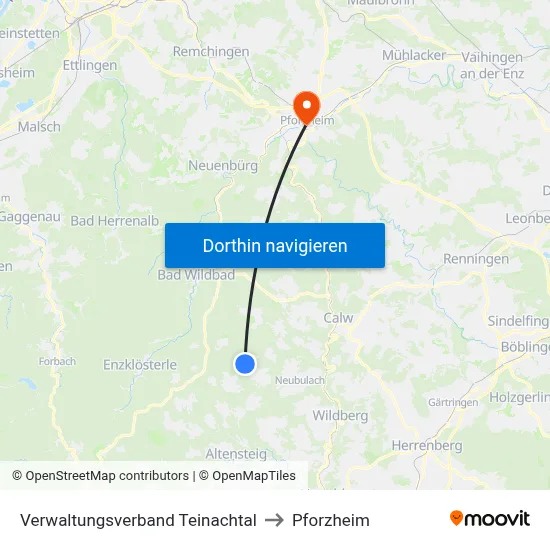 Verwaltungsverband Teinachtal to Pforzheim map