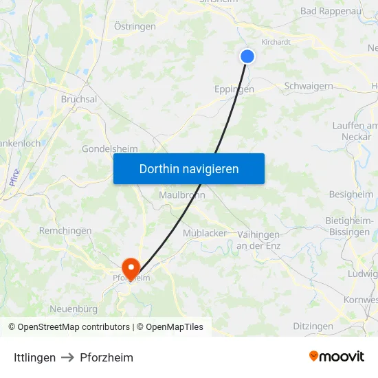 Ittlingen to Pforzheim map