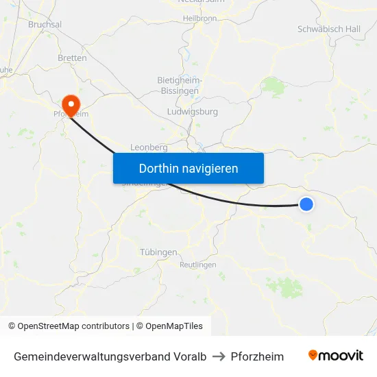 Gemeindeverwaltungsverband Voralb to Pforzheim map