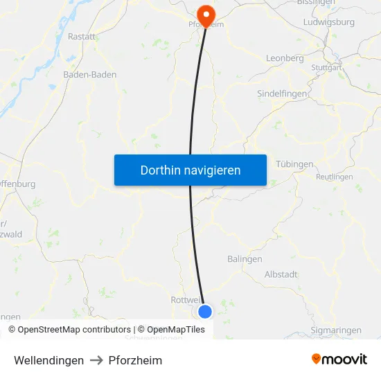 Wellendingen to Pforzheim map