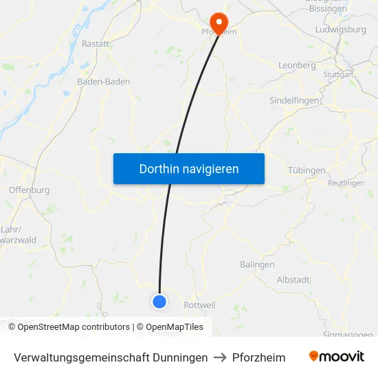 Verwaltungsgemeinschaft Dunningen to Pforzheim map