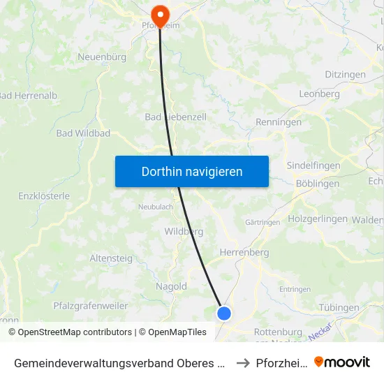 Gemeindeverwaltungsverband Oberes Gäu to Pforzheim map