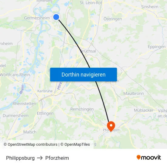 Philippsburg to Pforzheim map