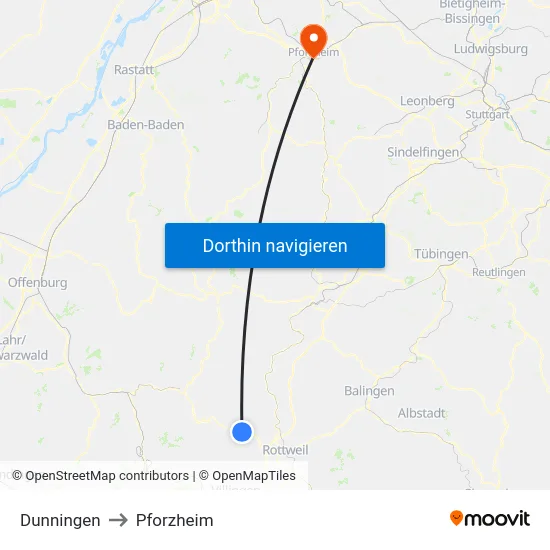 Dunningen to Pforzheim map