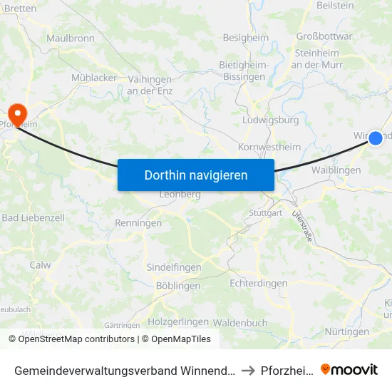 Gemeindeverwaltungsverband Winnenden to Pforzheim map