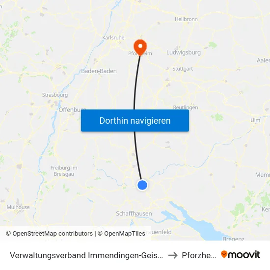Verwaltungsverband Immendingen-Geisingen to Pforzheim map