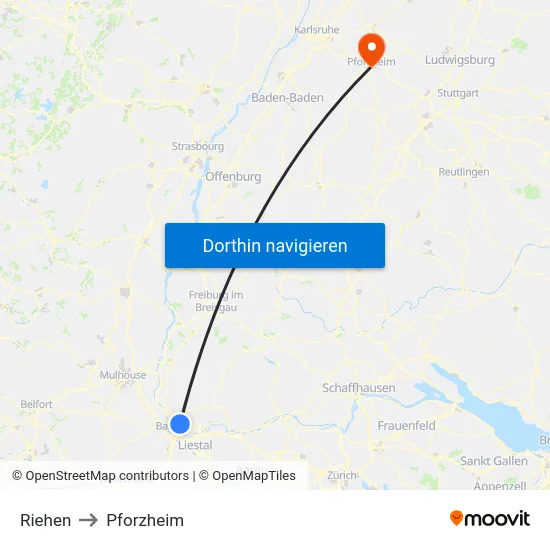 Riehen to Pforzheim map