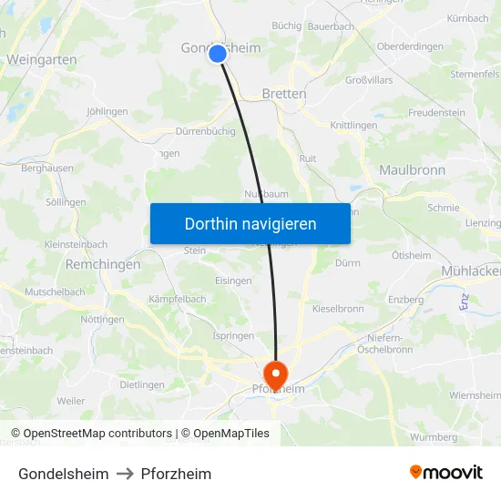 Gondelsheim to Pforzheim map