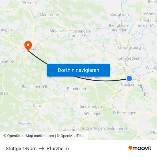 Stuttgart-Nord to Pforzheim map
