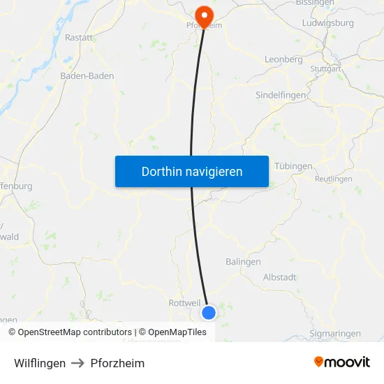 Wilflingen to Pforzheim map