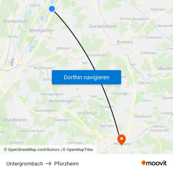 Untergrombach to Pforzheim map