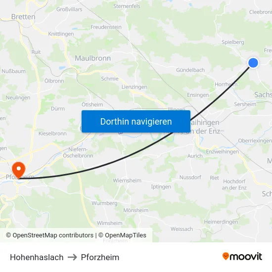 Hohenhaslach to Pforzheim map