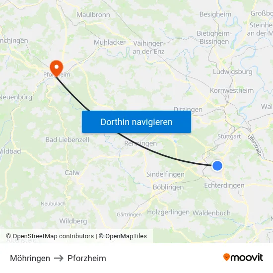 Möhringen to Pforzheim map