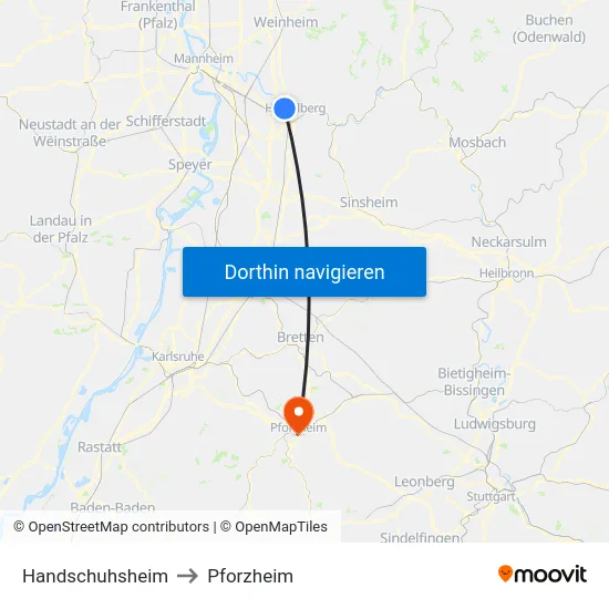 Handschuhsheim to Pforzheim map