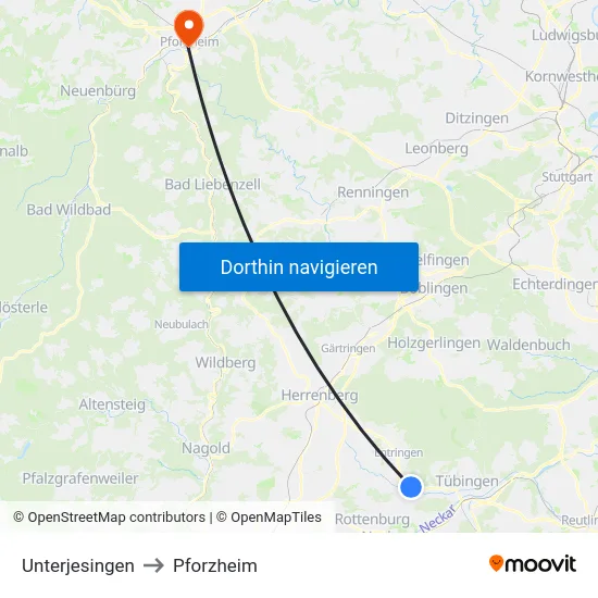 Unterjesingen to Pforzheim map