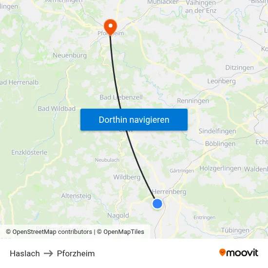 Haslach to Pforzheim map
