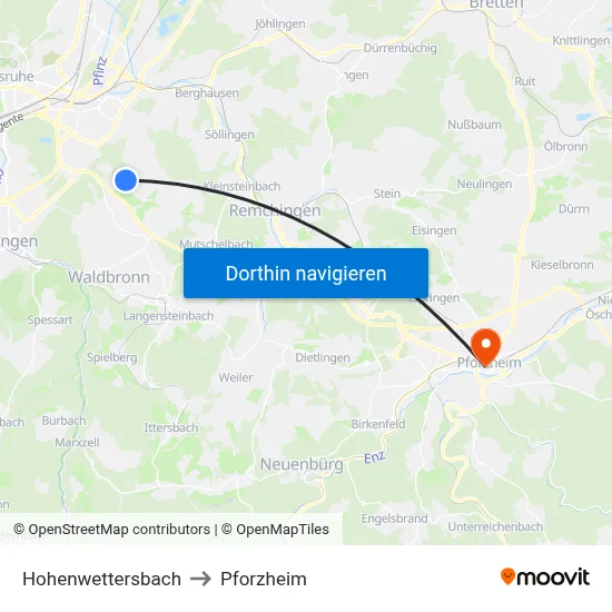 Hohenwettersbach to Pforzheim map