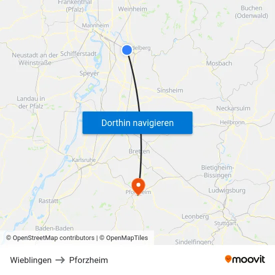 Wieblingen to Pforzheim map
