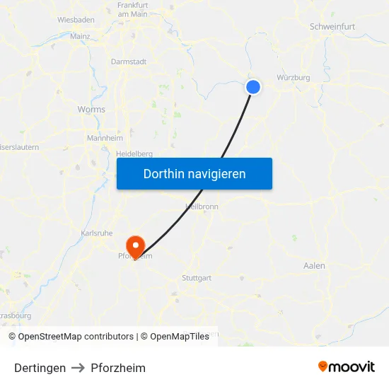 Dertingen to Pforzheim map