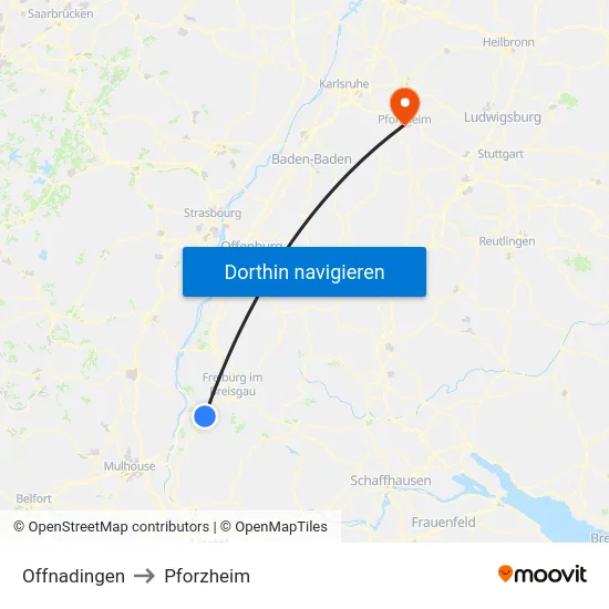 Offnadingen to Pforzheim map