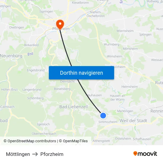 Möttlingen to Pforzheim map