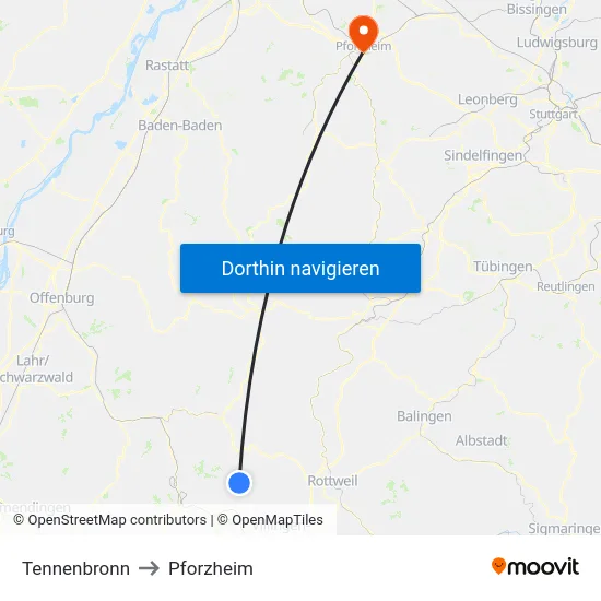 Tennenbronn to Pforzheim map