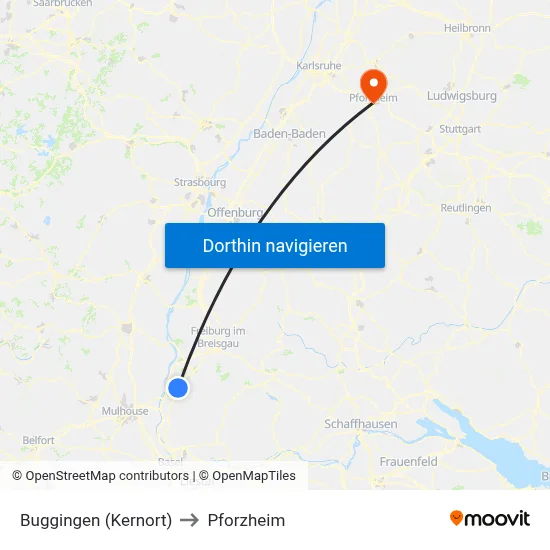 Buggingen (Kernort) to Pforzheim map