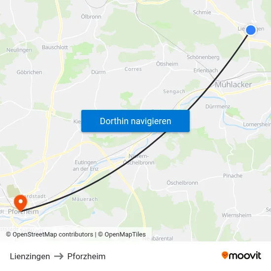 Lienzingen to Pforzheim map