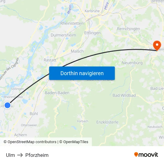 Ulm to Pforzheim map