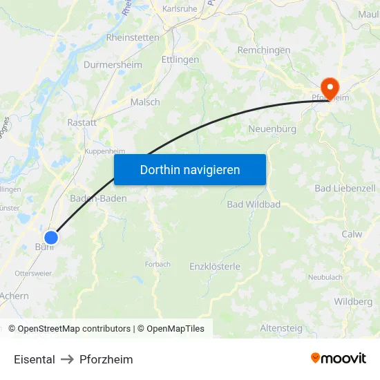 Eisental to Pforzheim map