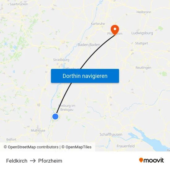 Feldkirch to Pforzheim map