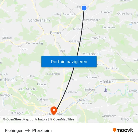 Flehingen to Pforzheim map