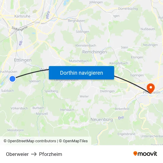 Oberweier to Pforzheim map