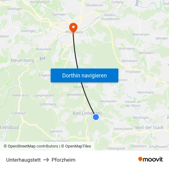 Unterhaugstett to Pforzheim map