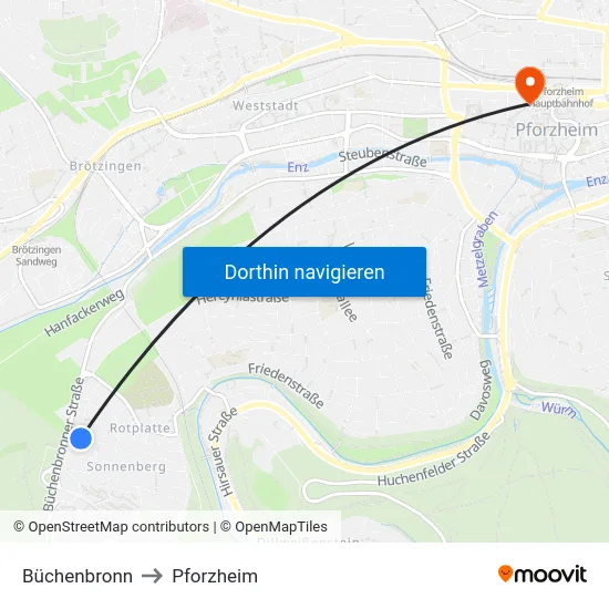 Büchenbronn to Pforzheim map
