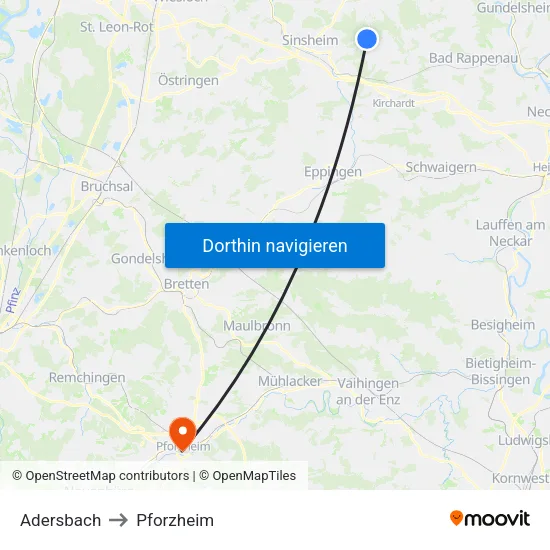 Adersbach to Pforzheim map