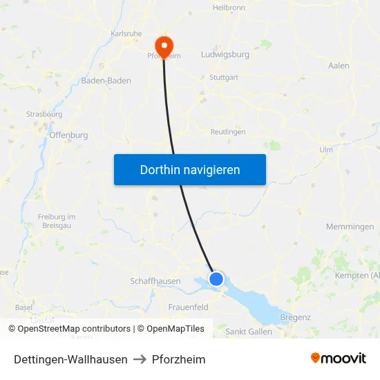 Dettingen-Wallhausen to Pforzheim map