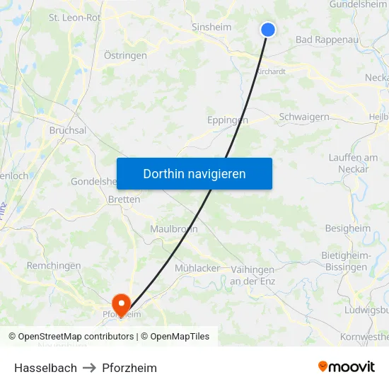 Hasselbach to Pforzheim map