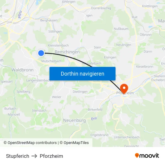 Stupferich to Pforzheim map