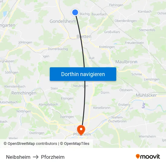 Neibsheim to Pforzheim map